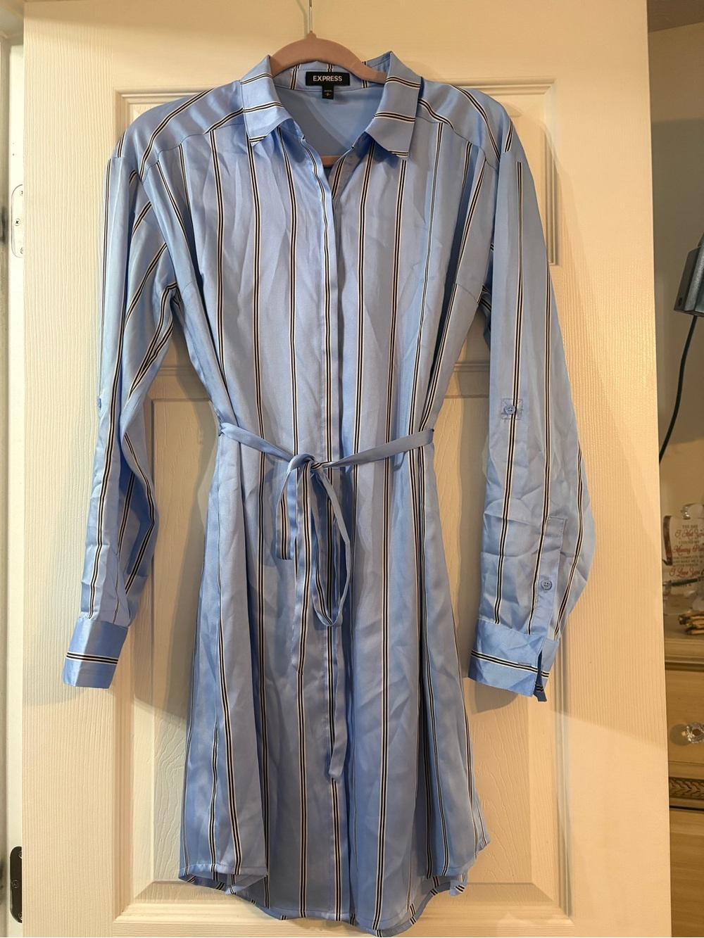 Express Light Blue Striped Long-Sleeve Shirt Dress with Waist Tie
